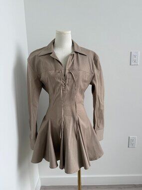ZARA Taupe Corset Lace-Up Mini Dress Long Sleeve Fit & Flare